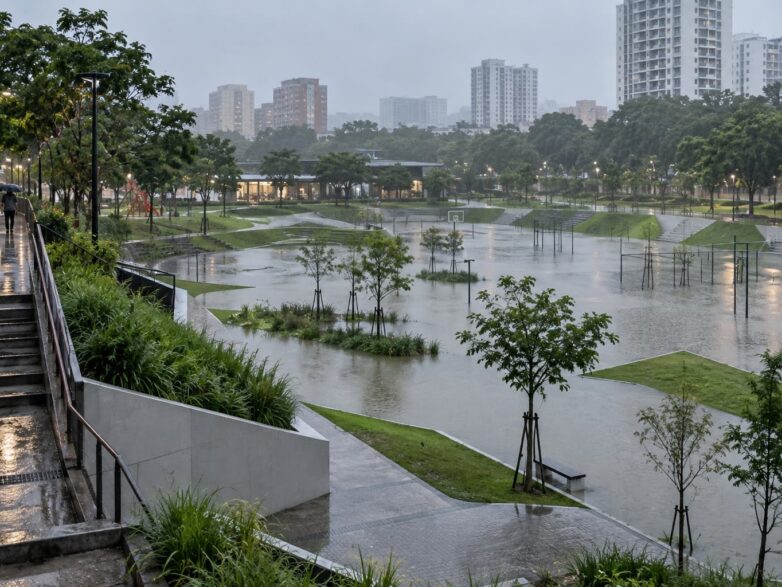 大雨のときにわざと水を流し込む都市公園の仕組み